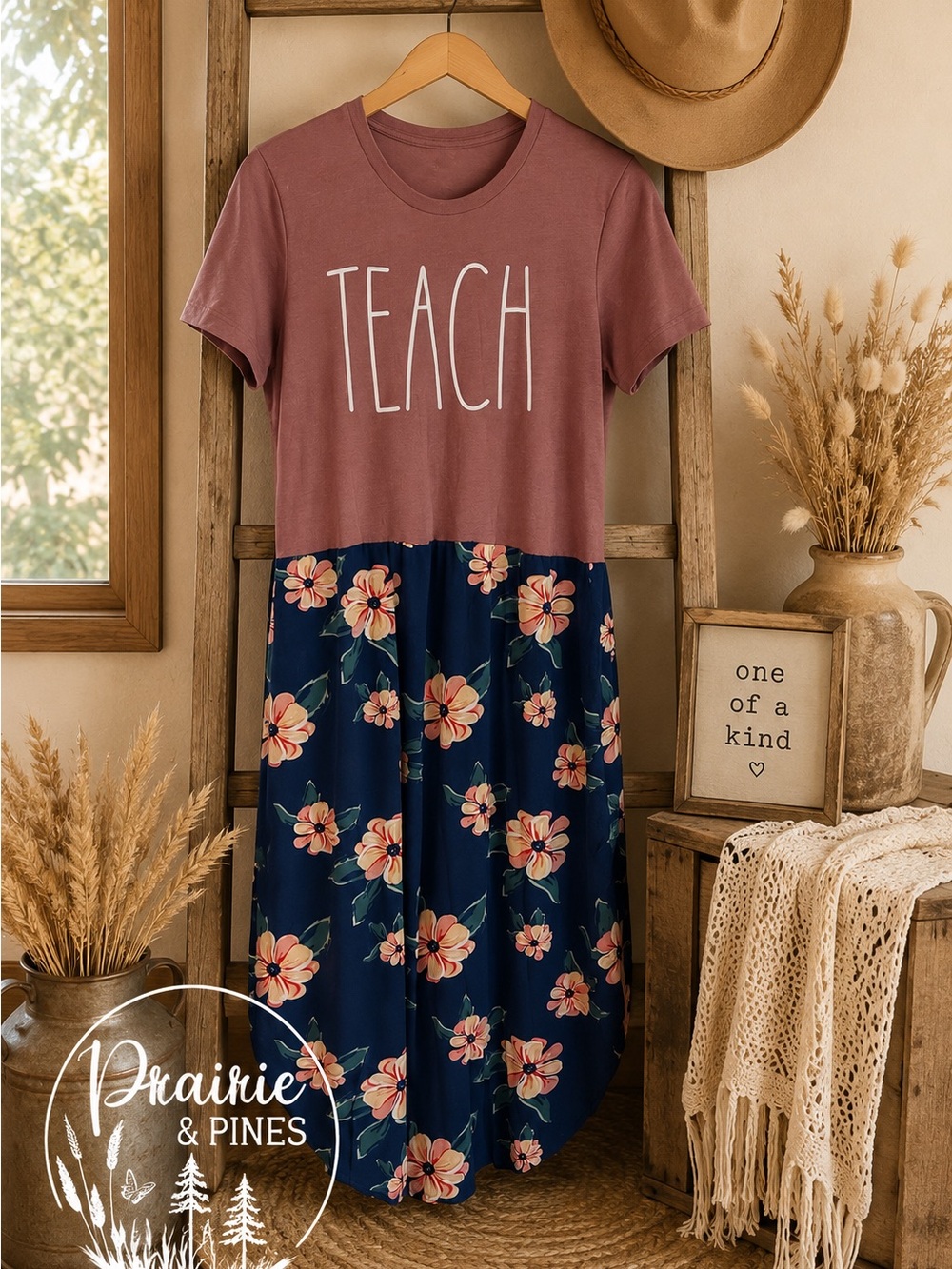 Upcycled TEACH Floral Midi/Maxi Dress in Mauve and Navy